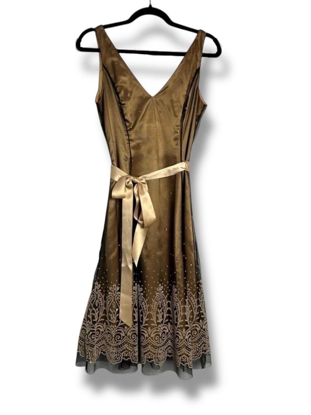 Adrianna Papell 2000s Gold Satin Sparkly Beaded Illusion Black Mesh Midi Dress 6